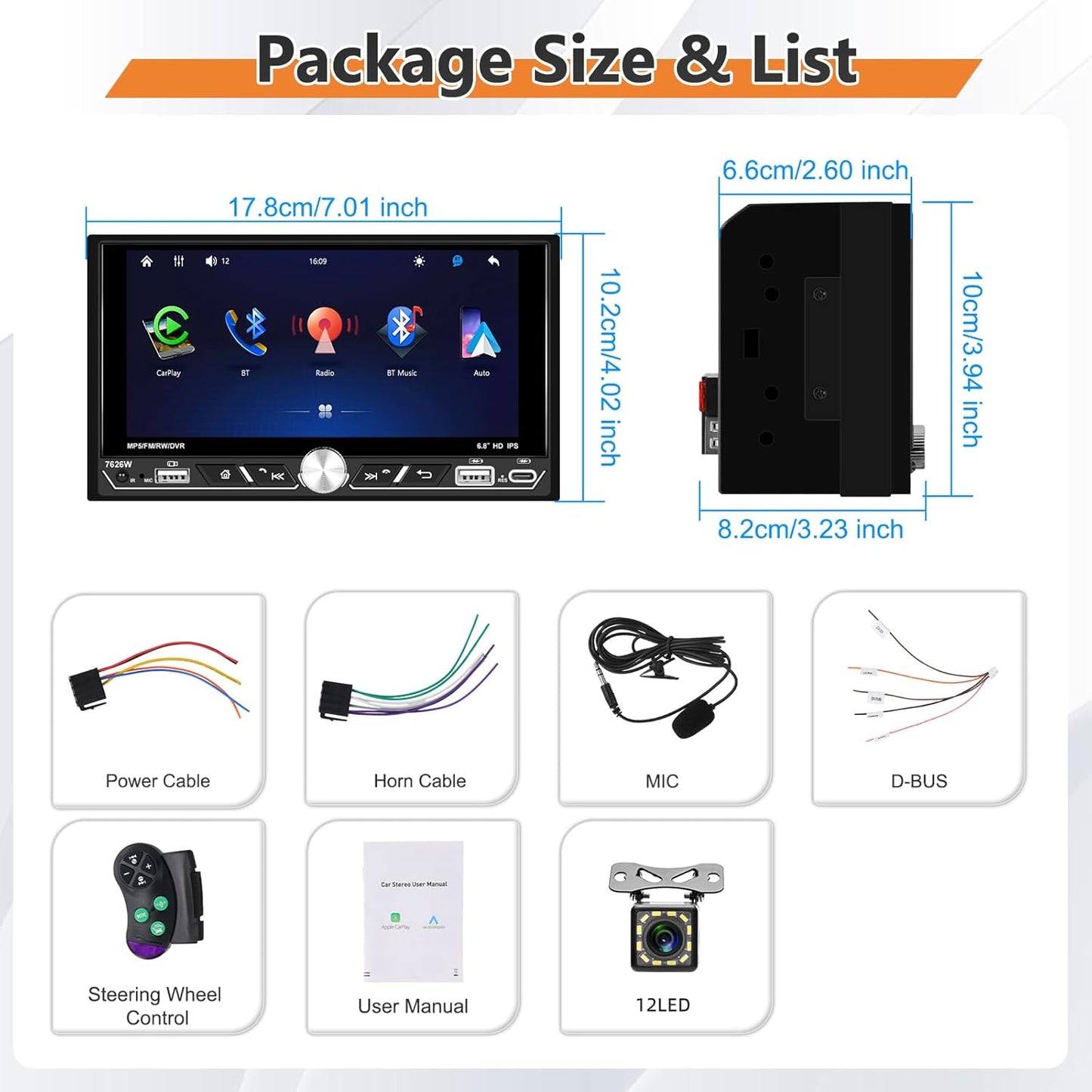 Carplay 2 Din autoradio, 6,8 inch HD touchscreen, bedraad, Android Auto Stereo MP5-speler, ondersteuning Bluetooth/MirrorLink/FM/USB2.0/AUX/opladen/afstandsbediening + achteruitrijcamera