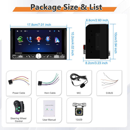 Carplay 2 Din autoradio, 6,8 inch HD touchscreen, bedraad, Android Auto Stereo MP5-speler, ondersteuning Bluetooth/MirrorLink/FM/USB2.0/AUX/opladen/afstandsbediening + achteruitrijcamera