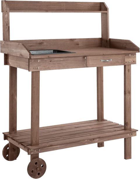 Oppottafel - Tuinwerktafel - Plantentafel -Tuinwerkbankje - met Schuiflade - 2 Niveaus - Bloementafel - voor Tuin - Sparrenhout - 92 x 45 x 119 cm - Bruin