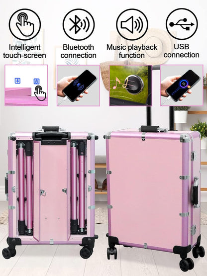 EBANKU Professionele Make-upkoffer, Rolling Makeup Travel Case Trolley Cosmetic Case met Verlichte Spiegel en Bluetooth, Multifunction Artist Cosmetic Case Hairdressing Trolley(Roze)