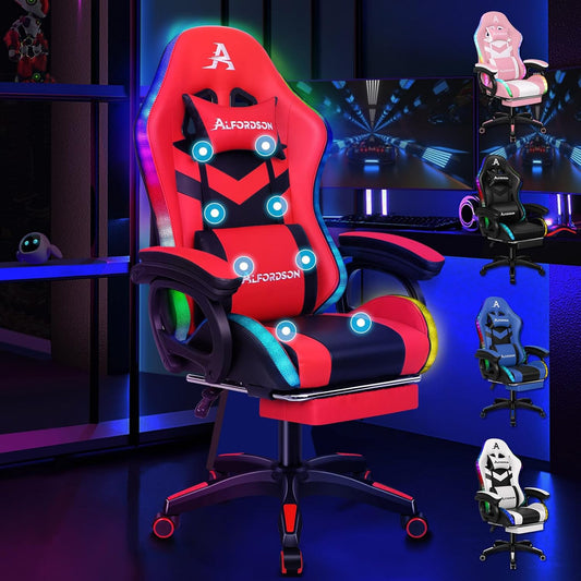 ALFORDSON Gaming Chair, Office Chair, Swivel Chair, Large Massage Chair, 8 Points, RGB LED Light, 12 Colours, Ergonomic with Footrest, Headrest and Lumbar Cushion, Red/Black - QUORE