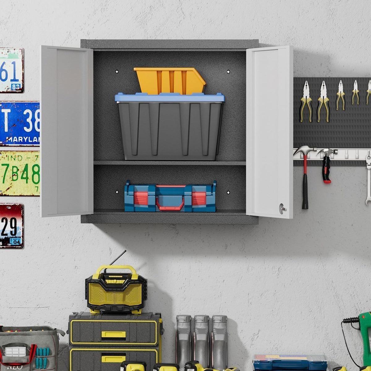Hanging cabinet, metal tool cabinet with 1 height-adjustable shelves and 2 doors, lockable, wall hanging cabinet made of stainless steel, garage, workshop, kitchen, 66 x 66 x 30 cm (H x L x D)