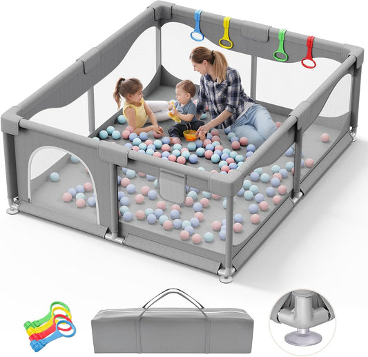 Baby Playpen 200 x 180 cm Large Improved 2025 Edition Playpen for Babies and Children with Non-Slip Bottom, Activity Centre for Children, Without Mats and Balls, Grey - QUORE