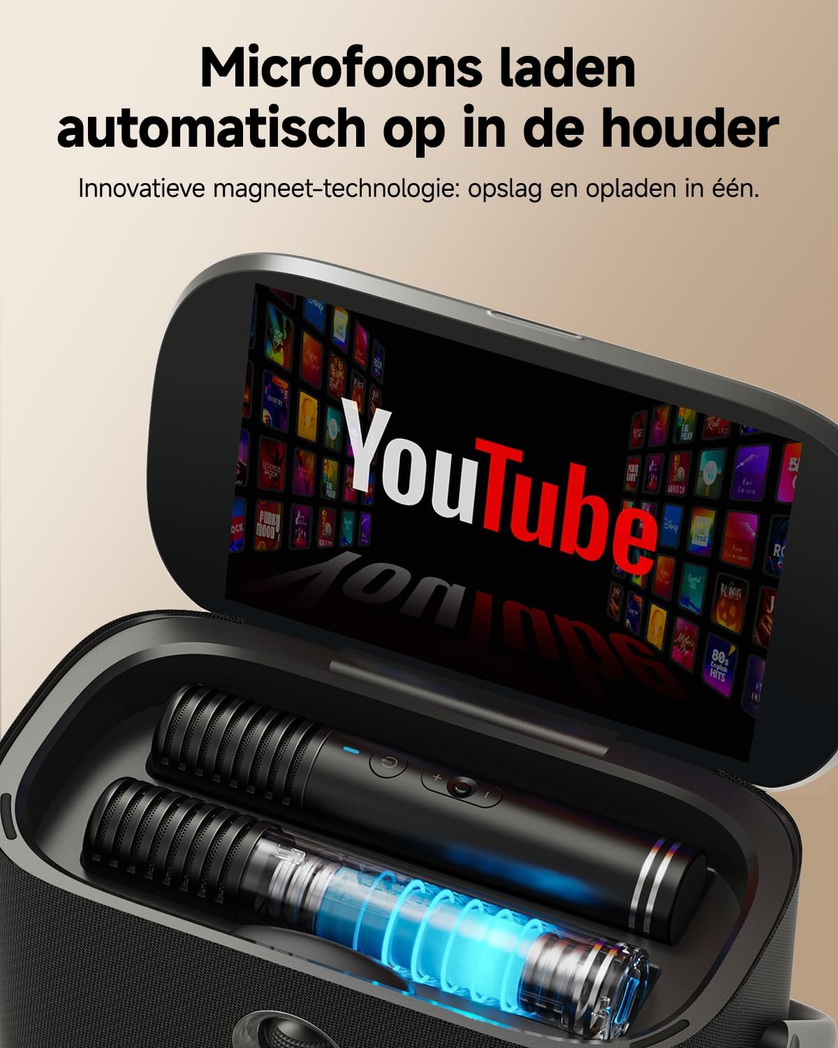 Draagbare Karaoke Machine voor Volwassenen, met Weergavescherm voor Songteksten, 2 Zelfopladende Draadloze Microfoons, Autotune & EQ, 140W Speaker, Verbinding met TV