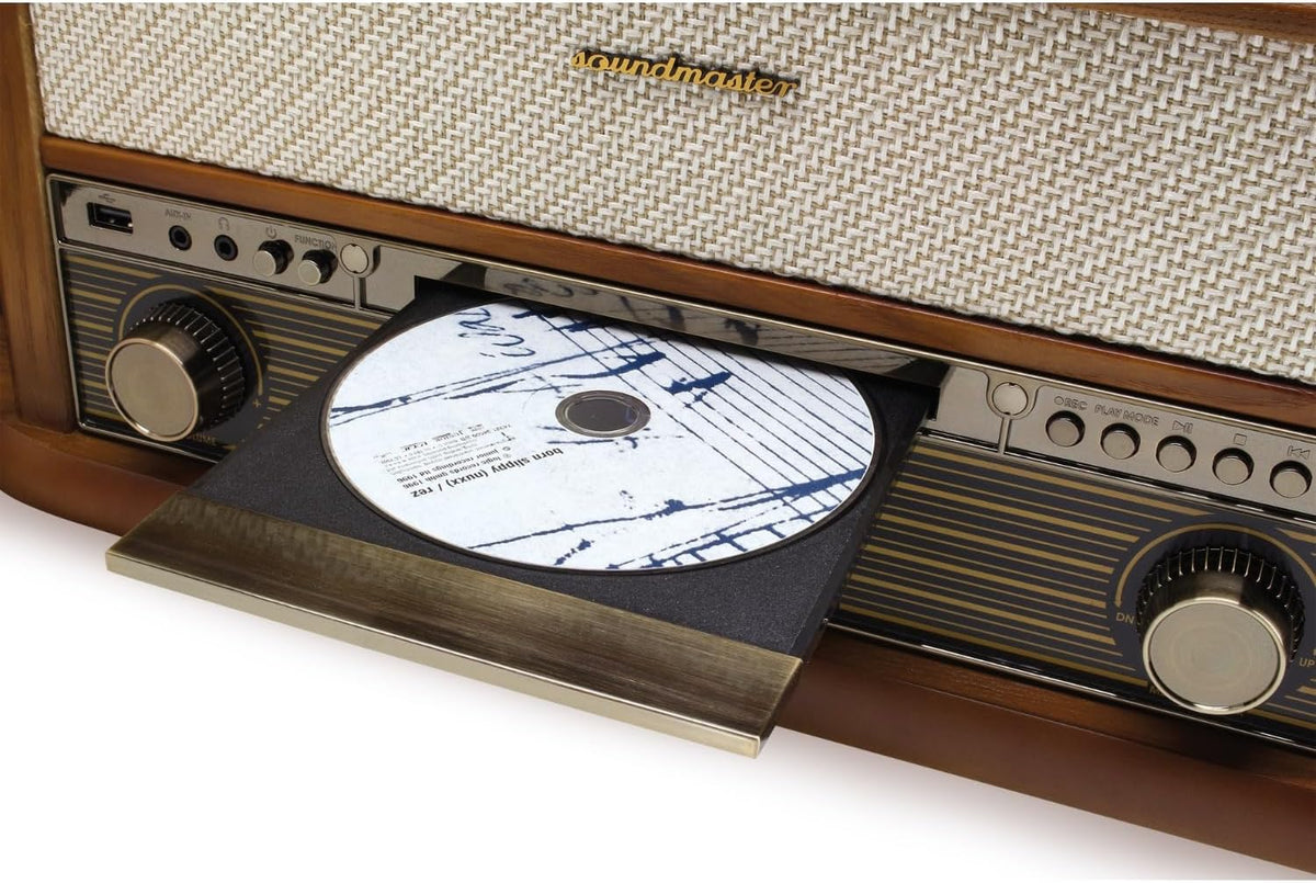 Soundmaster NR566BE 7-in-1 nostalgische stereo-installatie met draaitafel audio Technica magneettonnemmer | digitale radio DAB+ | CD-MP3 | USB | cassette | Bluetooth | digitaliseringsfunctie |