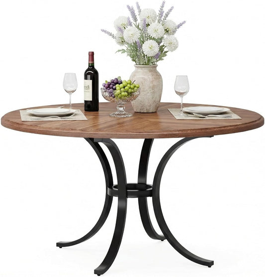 Ronde Eettafel – Ronde Tafel – Eettafel Rond – Keukentafel Rond – Tafel 120 cm – Voor 4-6 Personen – Stijlvol Houtfineer – Stevig Stalen Onderstel - QUORE
