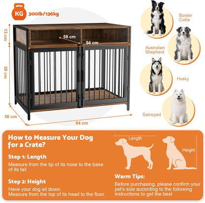 Gimars 94 x 58 x 63 cm Dog Furniture Box with Storage Drawers, Heavy Duty Dog House Indoor for Small, Medium and Large Dogs, Decorative Pet Crate for Indoor Use, Rustic Brown - QUORE
