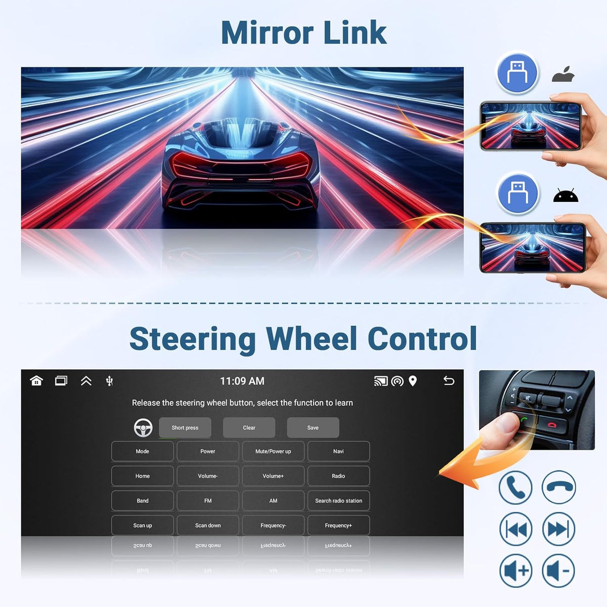 2+64GB Android 1 Din Autoradio Draadloze Carplay Android Auto, 6,9 Inch Touch Screen Display GPS Navi Radio met Bluetooth Mirror Link WiFi FM RDS USB Achteruitrijcamera