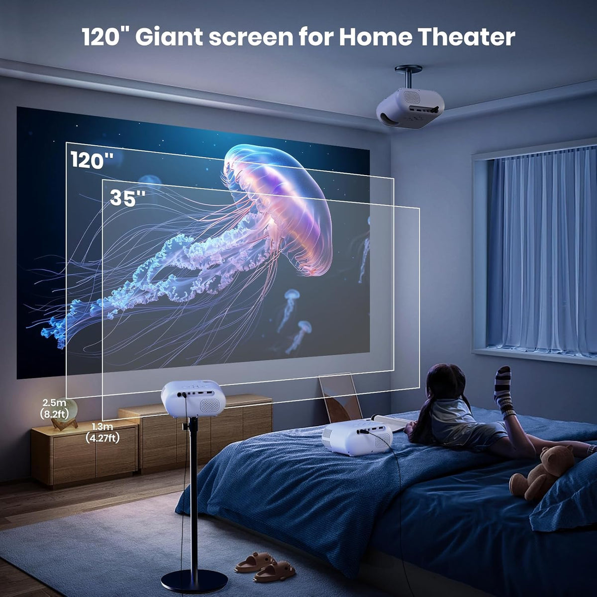 Mini Projector met Statief 1080p Ondersteuning WiFi Bluetooth Draagbare Projector, Compatibel met Smartphone, HDMI, USB, TV Stick, Thuis Buiten Slaapkamer Projector,wit