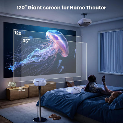 Mini Projector met Statief 1080p Ondersteuning WiFi Bluetooth Draagbare Projector, Compatibel met Smartphone, HDMI, USB, TV Stick, Thuis Buiten Slaapkamer Projector,wit