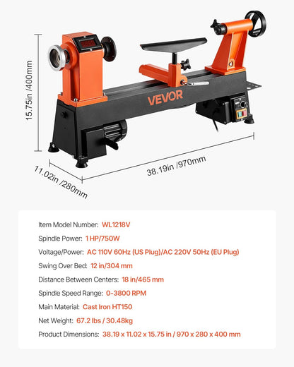 VEVOR Lathe 1 PS/750 W, Variable Speed Lathe from 0 to 3800 rpm, Lathe 304 x 465 mm Workbench Lathe for Beginners and DIY Woodworking
