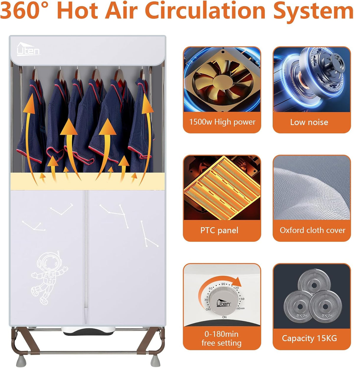 Elektrische Wasdroger – Draagbare Kledingkast – Droogmachine – Wasrek – Drogen Zonder Installatie – 170 cm Hoog – 1500 W Vermogen – Grijs