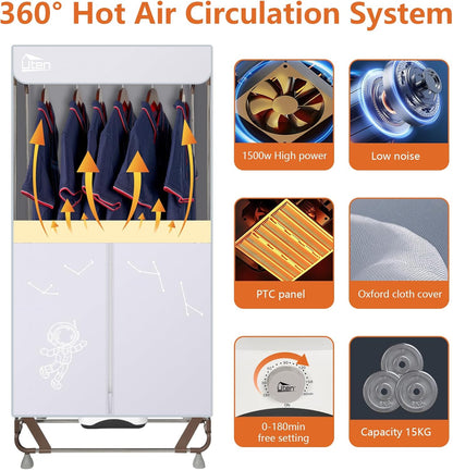 Elektrische Wasdroger – Draagbare Kledingkast – Droogmachine – Wasrek – Drogen Zonder Installatie – 170 cm Hoog – 1500 W Vermogen – Grijs