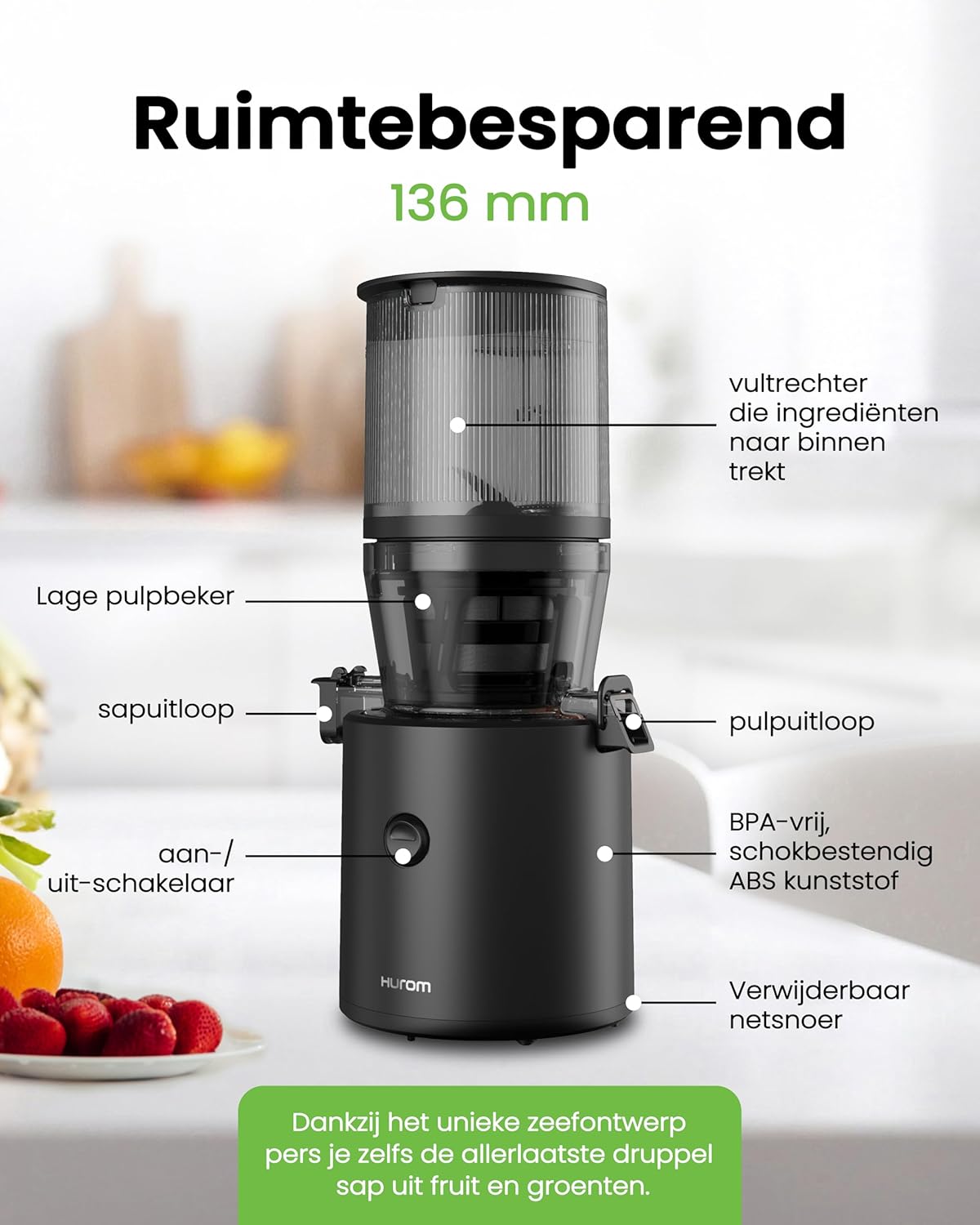 Hurom Slowjuicer | Sapcentrifuge voor groenten en fruit | H320N | Elektrische koudpers | Stille motor | Gemakkelijk schoon te maken met grote container en zeefilter 2L | BPA-vrij (ZWART)