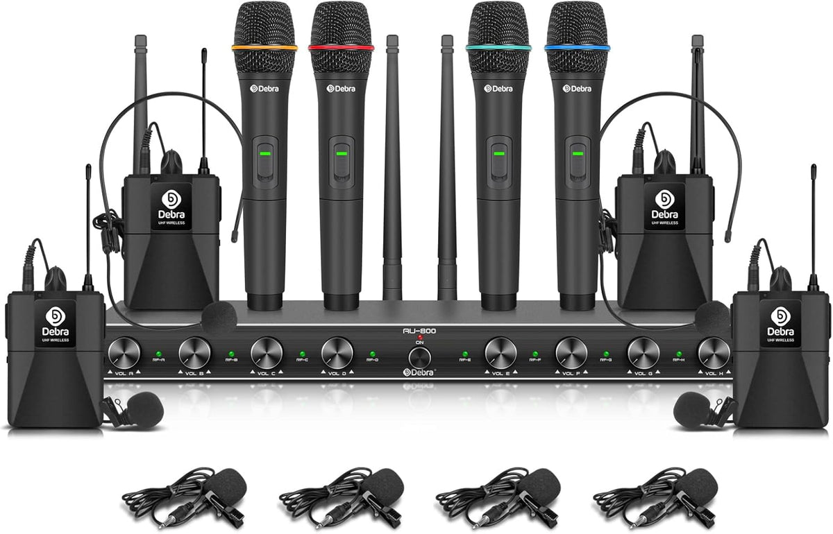 Draadloze microfoonset – Microfoonsysteem – UHF microfoonset – Draadloos microfoonsysteem – Karaoke microfoonset – 8-Kanaals Set Met 4 Handmicrofoons En 4 Bodypack Zenders – Metalen Ontvanger Met Squelch-Circuit