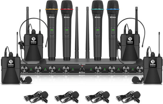 Draadloze microfoonset – Microfoonsysteem – UHF microfoonset – Draadloos microfoonsysteem – Karaoke microfoonset – 8-Kanaals Set Met 4 Handmicrofoons En 4 Bodypack Zenders – Metalen Ontvanger Met Squelch-Circuit