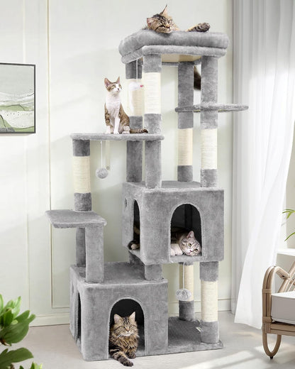 Kattenboom – Krabpaal – Kattentoren – Speelboom – Krabtoren – Lichtgrijs – Grote Basis 72x45 cm – 2 Luxe Kattenholen 45x40x35 cm