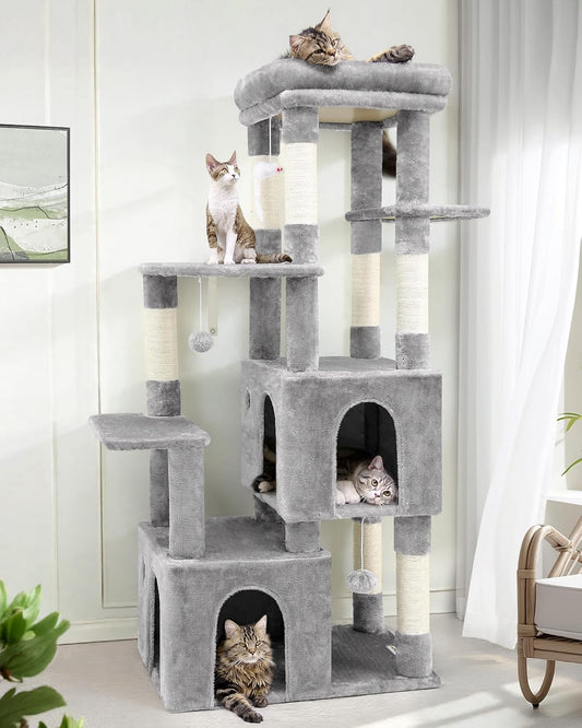 Kattenboom – Krabpaal – Kattentoren – Speelboom – Krabtoren – Lichtgrijs – Grote Basis 72x45 cm – 2 Luxe Kattenholen 45x40x35 cm