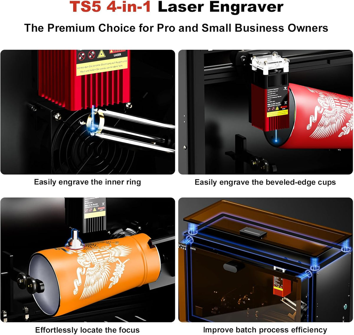 Twotrees TS5 roterende lasergraveermachine voor bekerflessen, voorgemonteerde CNC-machine voor het graveren van rond object op hout, metaal, glas