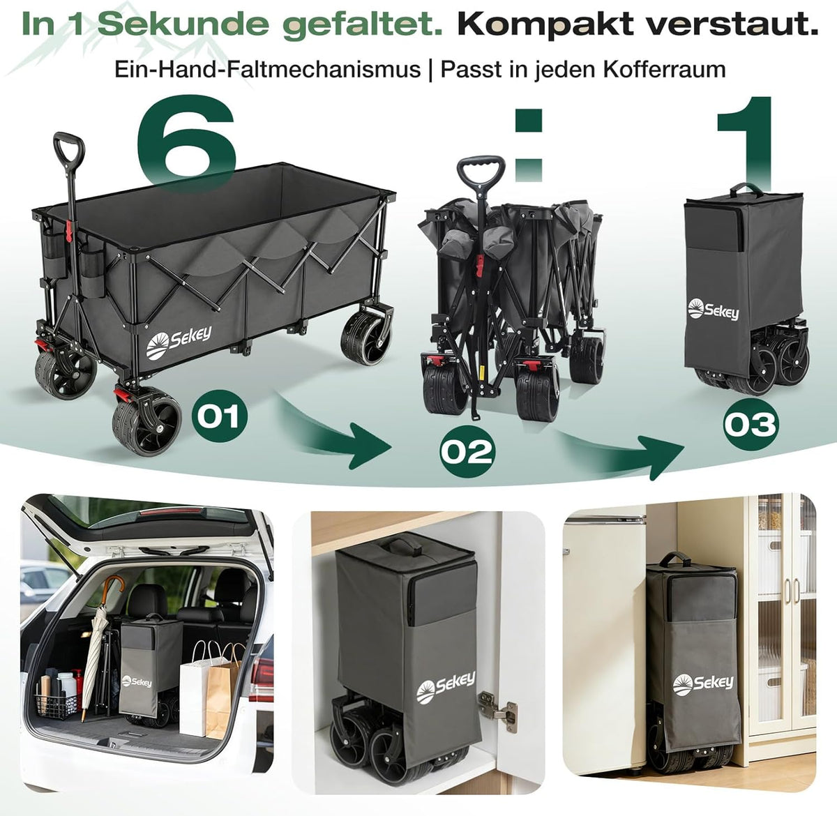 Sekey XXXL Bolderkar, opvouwbaar, 300 l, 200 kg belastbaar, opvouwbare bolderkar, 17 x 10 cm, extra brede banden, voor alle terreinen, gepatenteerd inklapbaar uit vier richtingen, XXXL-Super 4013,