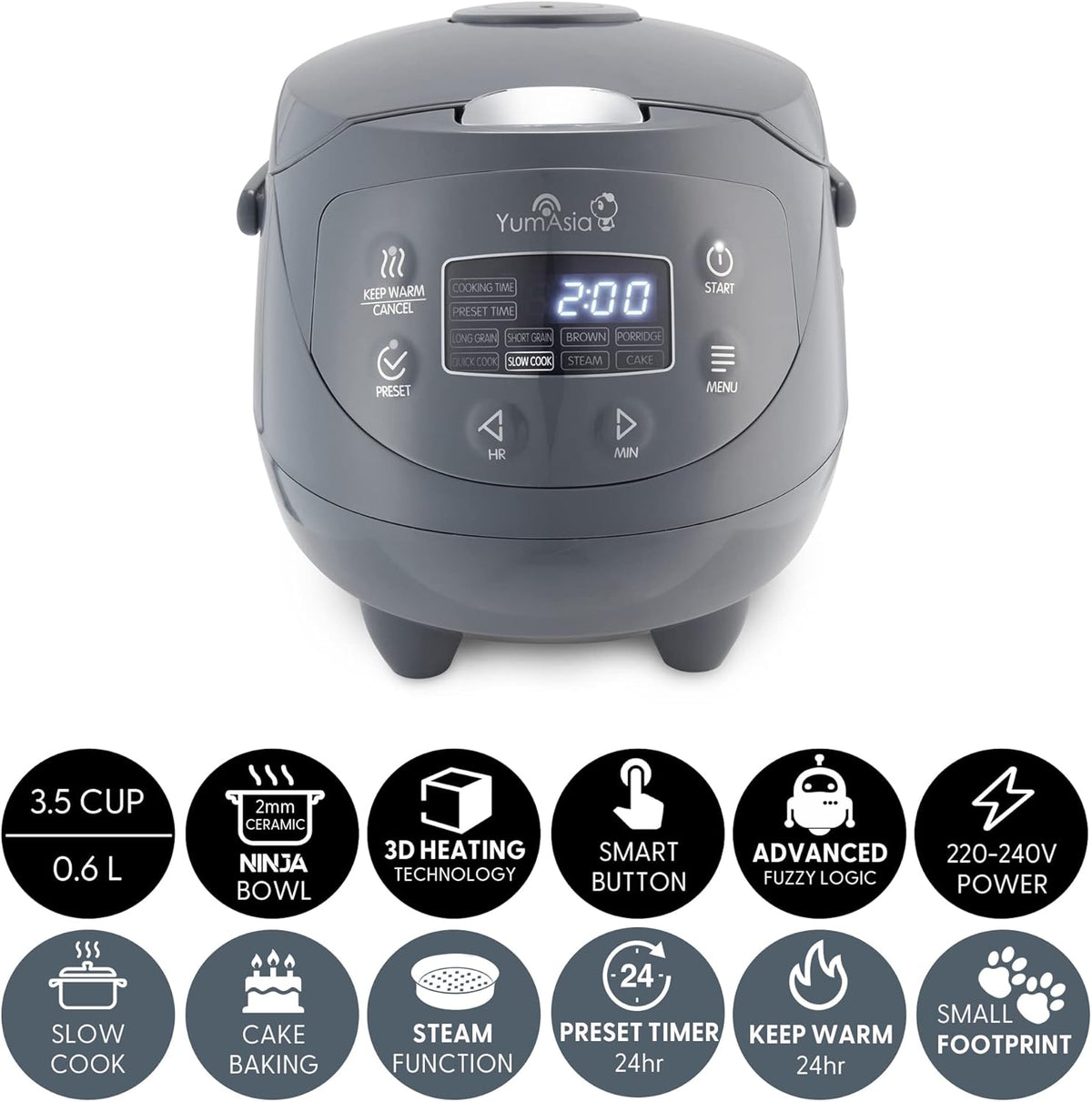 Rijstkoker – Mini Rijstkoker – Multicooker – Stoomkoker – Slowcooker – 1-3 Personen – 24-Uurs Timer & Warmhoudfunctie – Cobalt Grey