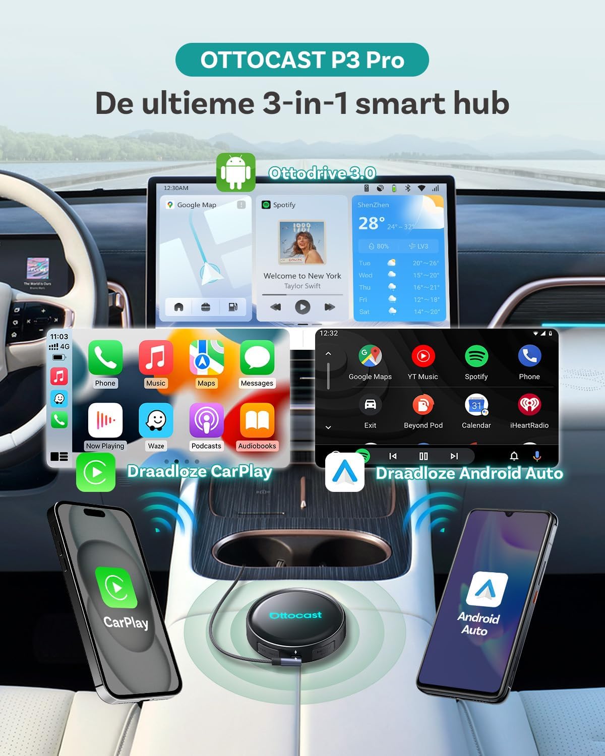 (2026 Nieuw) OTTOCAST P3 Pro CarPlay AI Box, 3-in-1 Draadloze CarPlay & Android Auto Adapter met HDMI-uitgang, 8+128GB, 5G WiFi, Split Screen, Download Elke App, OTA Upgrade voor Bedrade CP/AA Auto’s