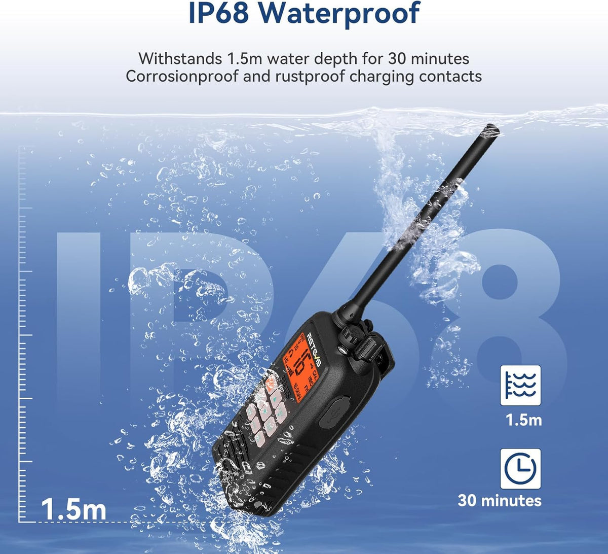 Retevis RM15 VHF Maritieme Radio, IP68 Waterdichte Walkietalkie met Microfoon, 2000 mAh, Tweekleurig Scherm, Internationale Maritieme Kanalen, voor Vissersboten (1 Verpakking)
