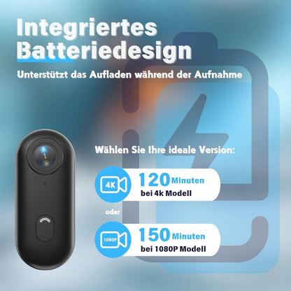 4K Actiecamera, duim actiecamera, klein formaat, overal te monteren, kleine lichaamscamera met veerclip, draagbare vlogging, handsfree POV-opname, helmcam voor fietsen, motorfiets (4K-128G)