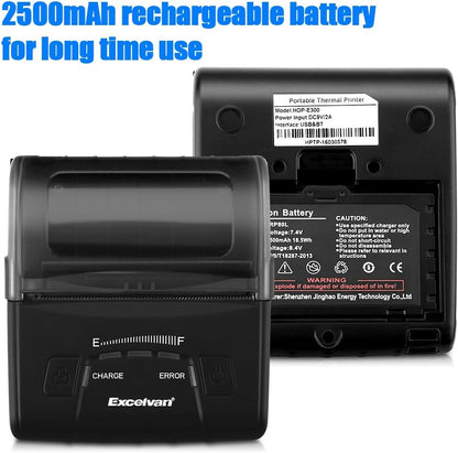 EXCELVAN E300 Thermische printer voor kwitanties en bankbiljetten, draadloos, draagbaar, USB, 90 mm/sec, 80 mm, ESC/POS, voor Pos Terminal verkooppunt), zwart