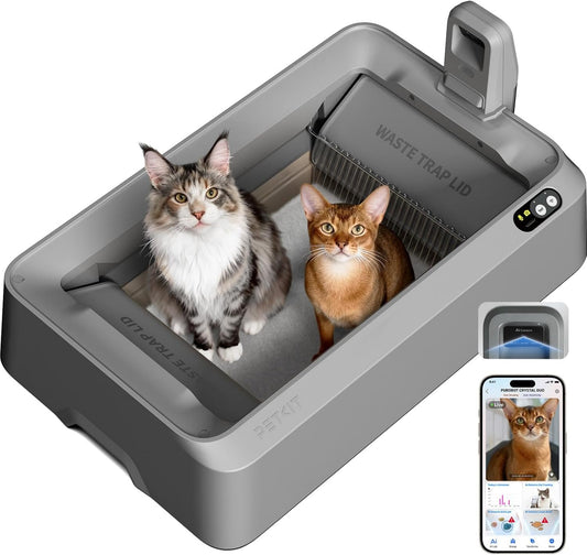Zelfreinigende Kattenbak – Automatische Kattenbak – Slimme Kattenbak – Hygiënische Kattenbak – Open Kattenbak – Ruim Voor Grote Katten – AI Gezondheidsmonitoring – Bidirectionele Automatische Reiniging – Grijs