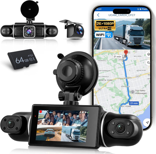 Hodozzy 2K WiFi 4-kanaals dashcam auto met app-bediening, dashcam met lusopname, 3 inch dashcam met nachtzicht, G-sensor, spiegelafbeelding, parkeermodus, spiegelfunctie, achteruitrijhulp + TF