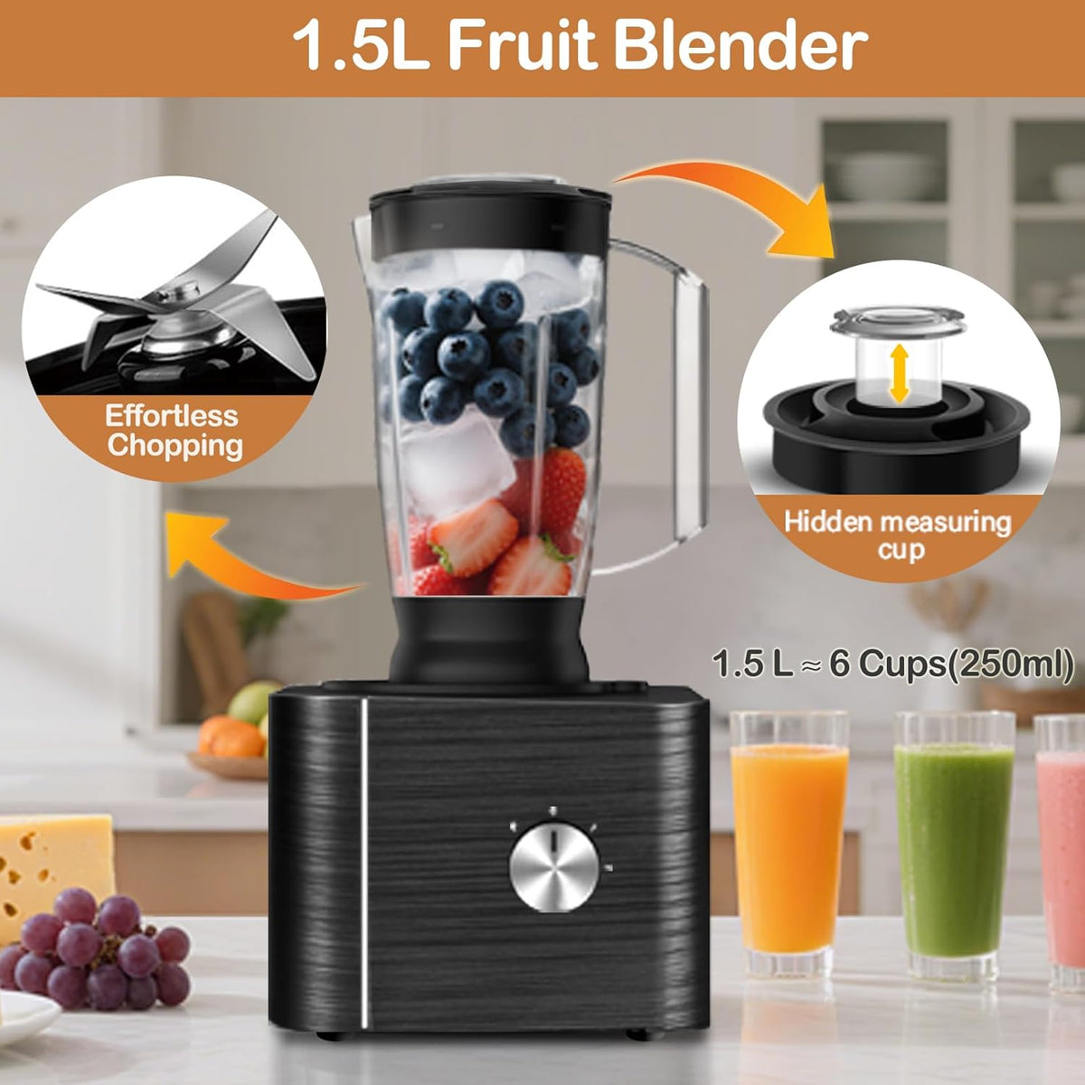 TopStrong Keukenmachine, 1100 W food processor, 3,2 l kom en 1,5 l container, multifunctioneel met hakken, snijden, kneden, sap, 3 snelheden en pulsfunctie, zwart
