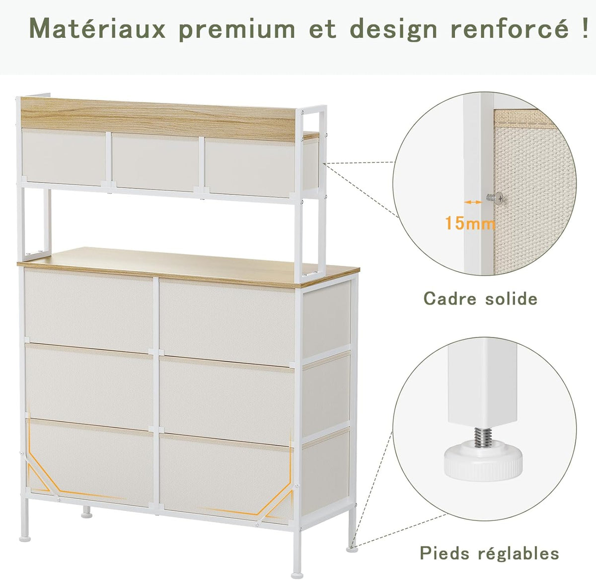 Commode, Opbergkast, Commode met Laden, Ladekast met Handvatten, Commode Kast met Houten Blad en 9 Lades, Kleerkast voor Slaapkamer, Beige