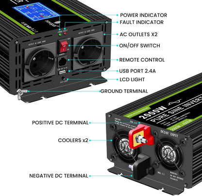 NOVOPAL 2000 W auto-omvormer, spanningsomvormer 24 V 230 V zuivere sinus met lcd-display en USB-aansluiting, 2 AC-stopcontacten met USB-uitgang en 5 m afstandsbediening