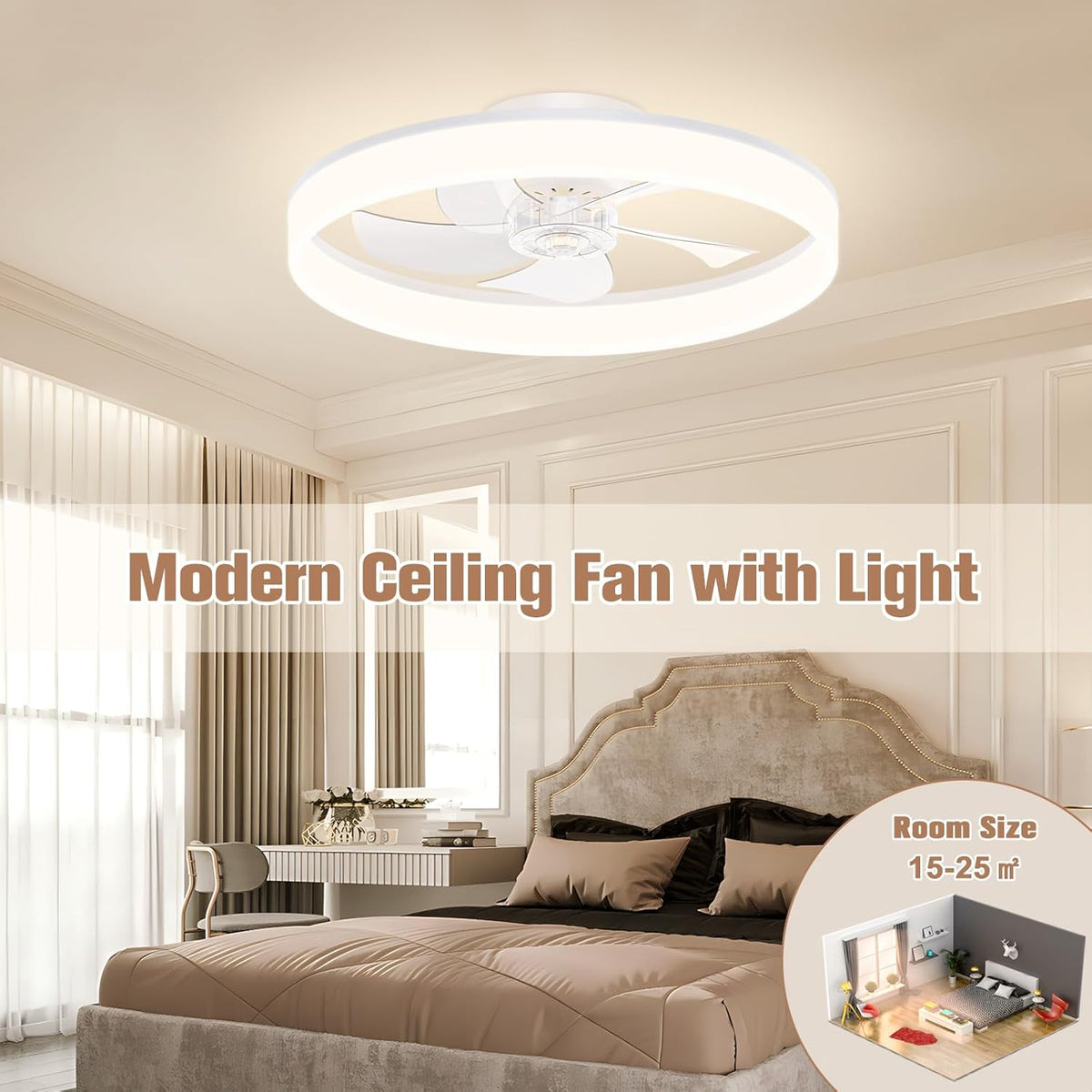 VOLISUN Plafondventilator met verlichting en afstandsbediening, 6 windniveaus en dimbaar, moderne plafondlamp met ventilator, stille led-plafondventilator voor slaapkamer en woonkamer (zwart, 50 cm)