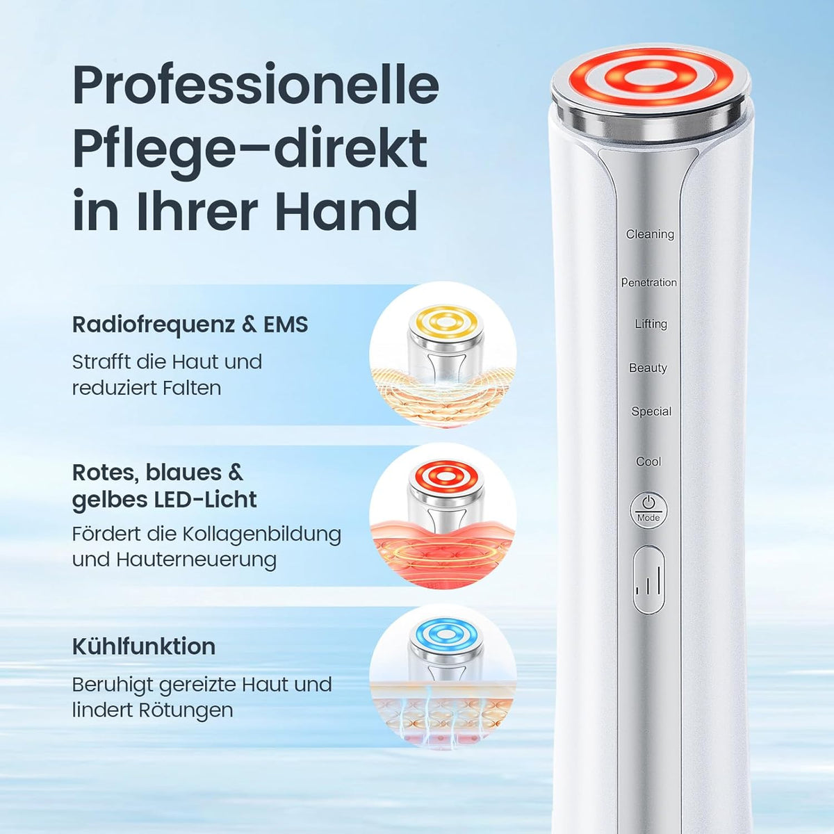 Radiofrequentie Gezichtsverzorgingsapparaat Wit – Gezichtsmassageapparaat, EMS Gezichtsmassageapparaat, Huidverzorgingsapparaat, Elektrisch Gezichtsapparaat – 4-In-1 Met Warmte En Koeling – Ergonomisch Gua Sha Design