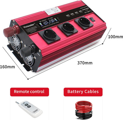Yinleader 12V/24V naar 230V 2500W / 5000W omvormer LCD 3 EU stopcontacten 4 USB