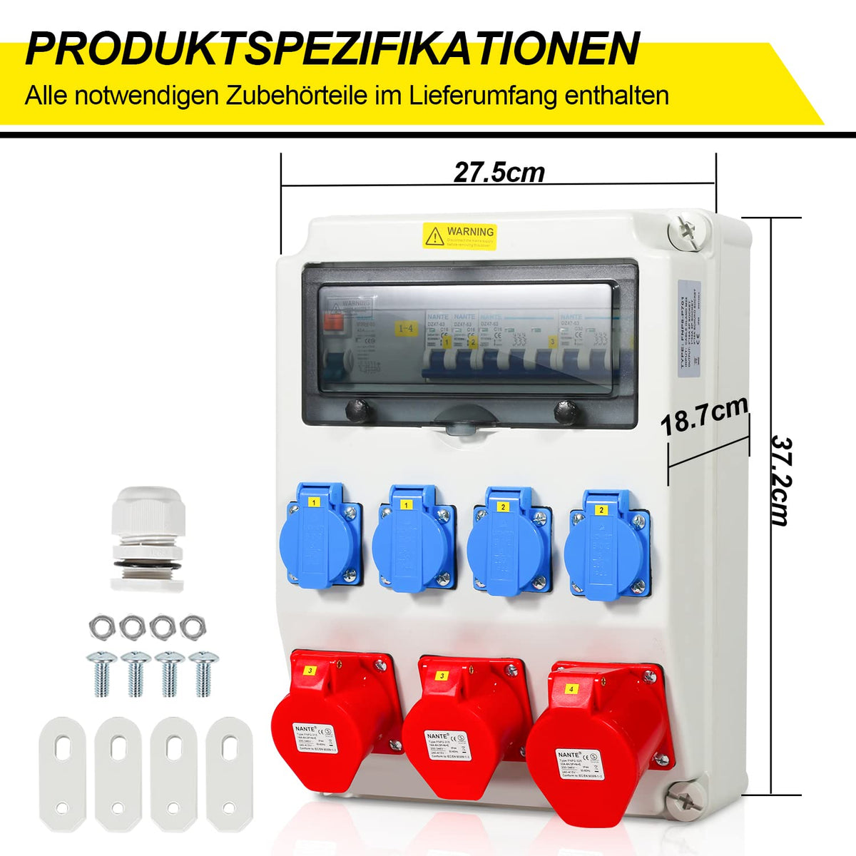 Wandverdeler met stroomonderbreker en FI, 5-polig Bouwstroomverdeler met 4xSchuko-stopcontact en CEE-stopcontact 16/32A Stroomverdeler voor binnen en buiten