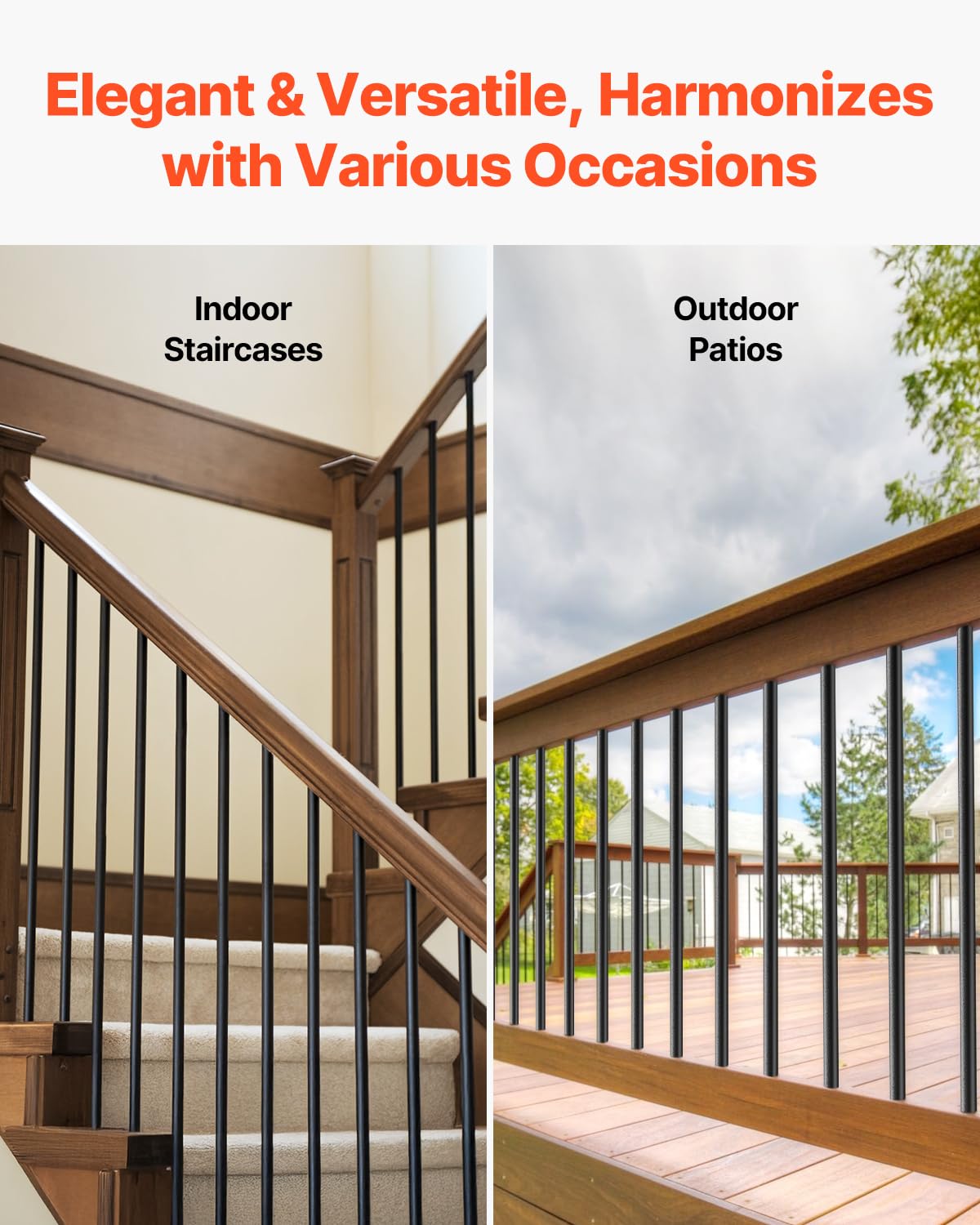VEVOR Baluster Set of 51, φ 19 x 914 mm Aluminium Stair Baluster, Decorative Rod, Round Bar, Hollow Ceiling Rail with Railing Hoods and Screws for Stairs, Porch, Patio, Fence, Black