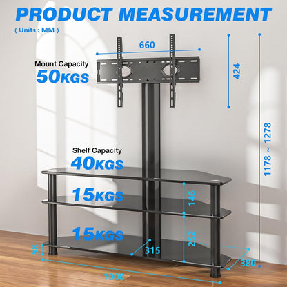 Rfiver Tv-rek, glas, televisietafel, tv-standaard voor 32-70 inch televisie, ± 45 graden draaibaar en in hoogte verstelbaar, tv-hoekkast, meubel, tv-kast met 3 planken van gehard glas, max. 50 kg