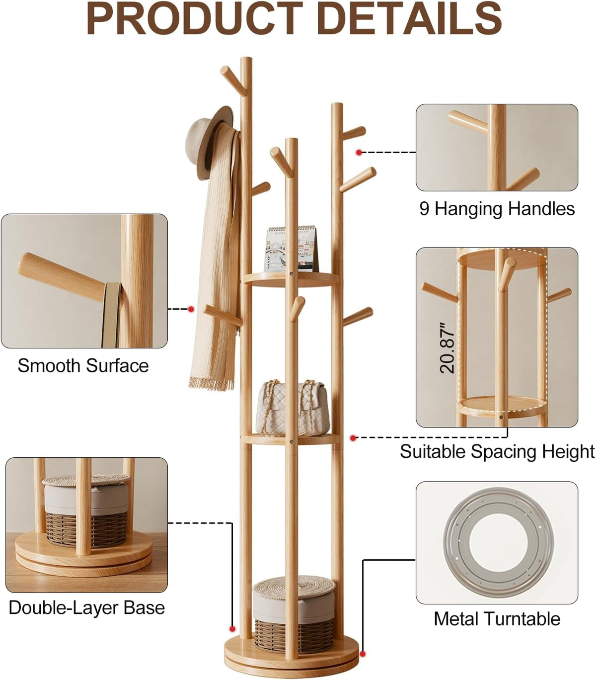 AQIMUELE Kapstok, kledingstandaard, massief hout, draaibare jasstandaard met 3 legplanken en 9 haken, voor hal, slaapkamer (natuurlijk hout)