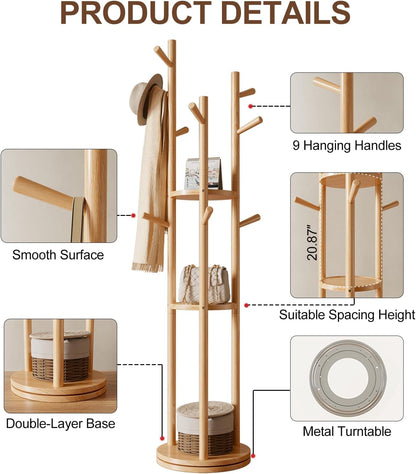 AQIMUELE Kapstok, kledingstandaard, massief hout, draaibare jasstandaard met 3 legplanken en 9 haken, voor hal, slaapkamer (natuurlijk hout)
