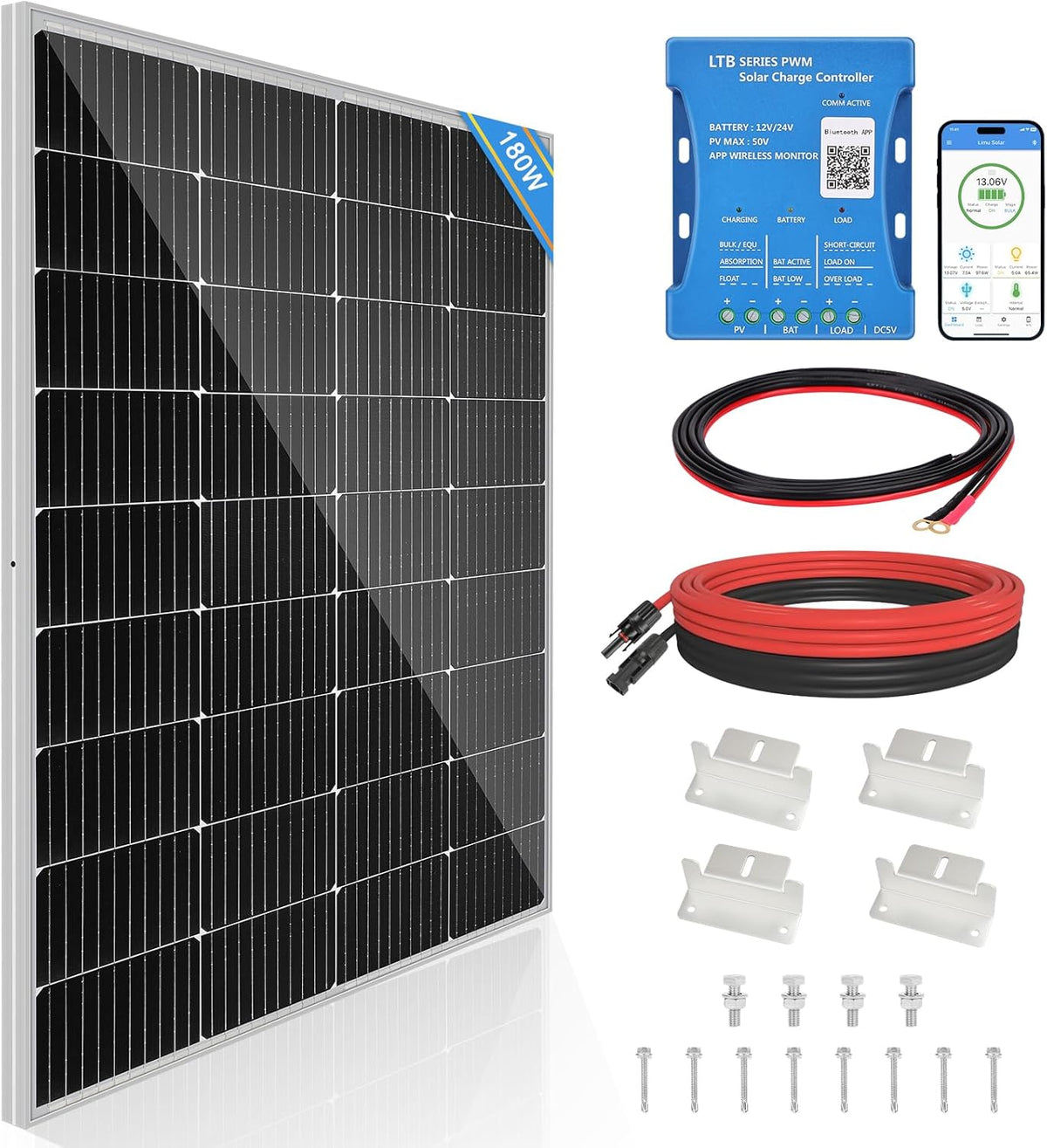 180W Zonnepaneel 12V Monokristallijn Zonnepaneel Zonnecel Kit: 180 Watt Zonnepaneel met 20A Bluetooth Zonne-laadregelaar + 5M Zonnekabel + Z-brackets voor Campers, Boten, Tuinhuisjes
