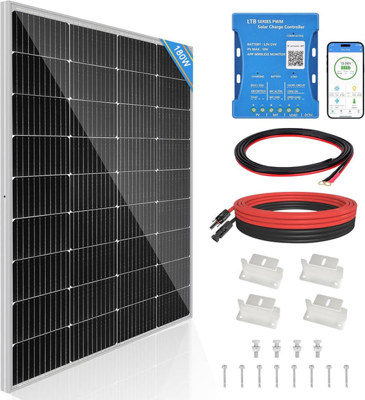 180W Zonnepaneel 12V Monokristallijn Zonnepaneel Zonnecel Kit: 180 Watt Zonnepaneel met 20A Bluetooth Zonne-laadregelaar + 5M Zonnekabel + Z-brackets voor Campers, Boten, Tuinhuisjes