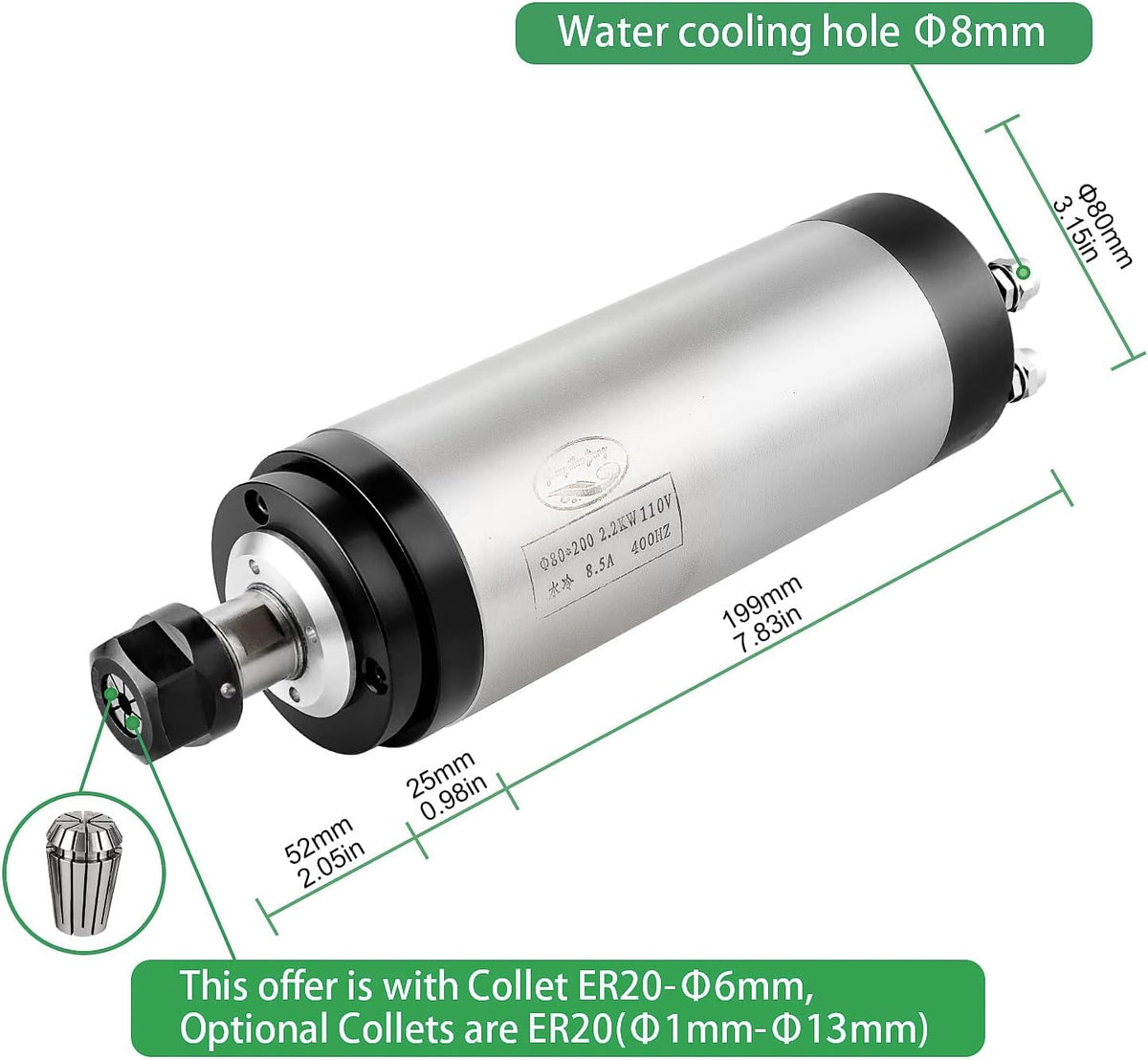 CNC-spindelmotorset, 220 V 2,2 kW, 80 mm, watergekoeld, CNC-motor + 2,2 kW VFD + klemmontage + waterpomp + waterslang + kraagset + bits + draden