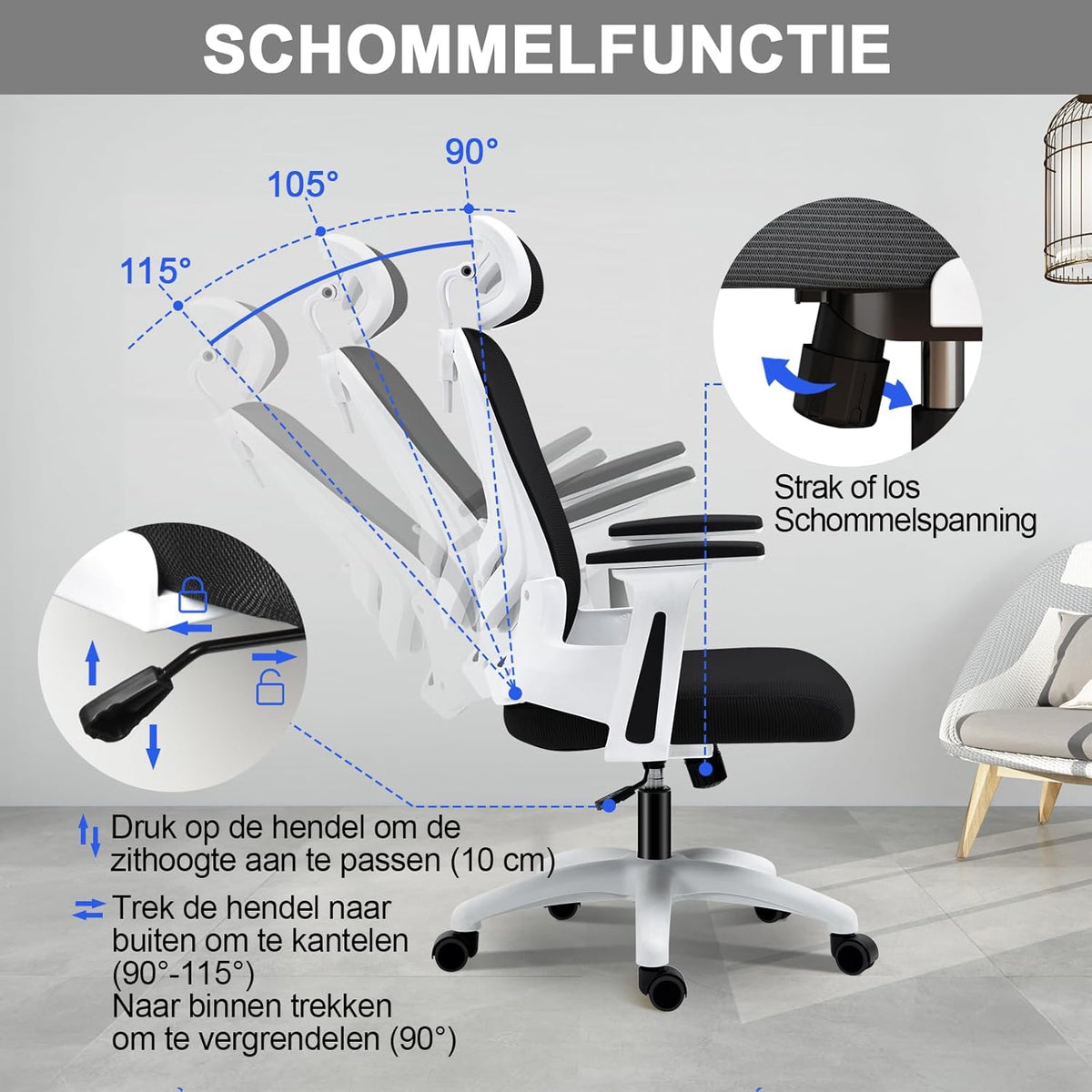 Ergonomische Bureaustoel – Bureaustoel Met Lendensteun – Bureaustoel Met Verstelbare Armleuningen – Kantoorstoel – Mesh Stoel – Verstelbare Hoofdsteun – Ademend Mesh Kussen – 150 KG Draagvermogen