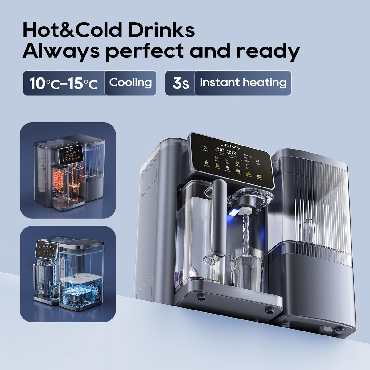 Jimmy R9 Pro Osmosis System, Drinking Water Table, Reverse Osmosis System, Water Filter, with Hot Water Dispenser and Water Cooling, 7-Step Filtering and Minerals, UV, 3S Heating, Cold Water, TDS - QUORE