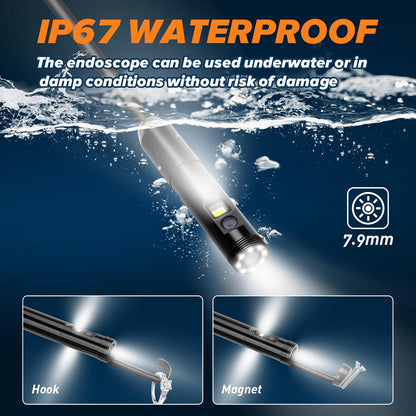 WADEO Triple-Lens Endoscoop Camera met Licht, Professionele Borescope, 33FT Kabel, Grote 5" IPS 1920P HD Screen, Waterdichte IP67, 200W Pixel, Type-C, 32GB TF-kaart