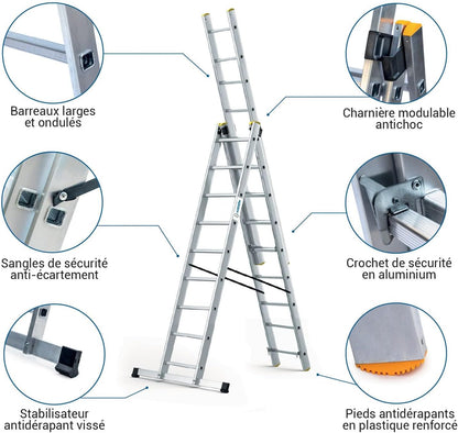StablePro 3 niveaus transformeerbare ladder, 3 x 9 sporten, aluminium, uittrekbaar, 6 posities, werkhoogte max. 6,10 m, 5 jaar garantie