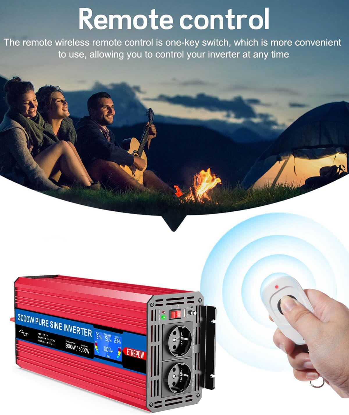 Omvormer 12v naar 230v Zuivere Sinus 3000W Spanningsomvormer met 2 EU Stopcontacten, USB-interface, LCD-Display,Draadloze Afstandsbediening
